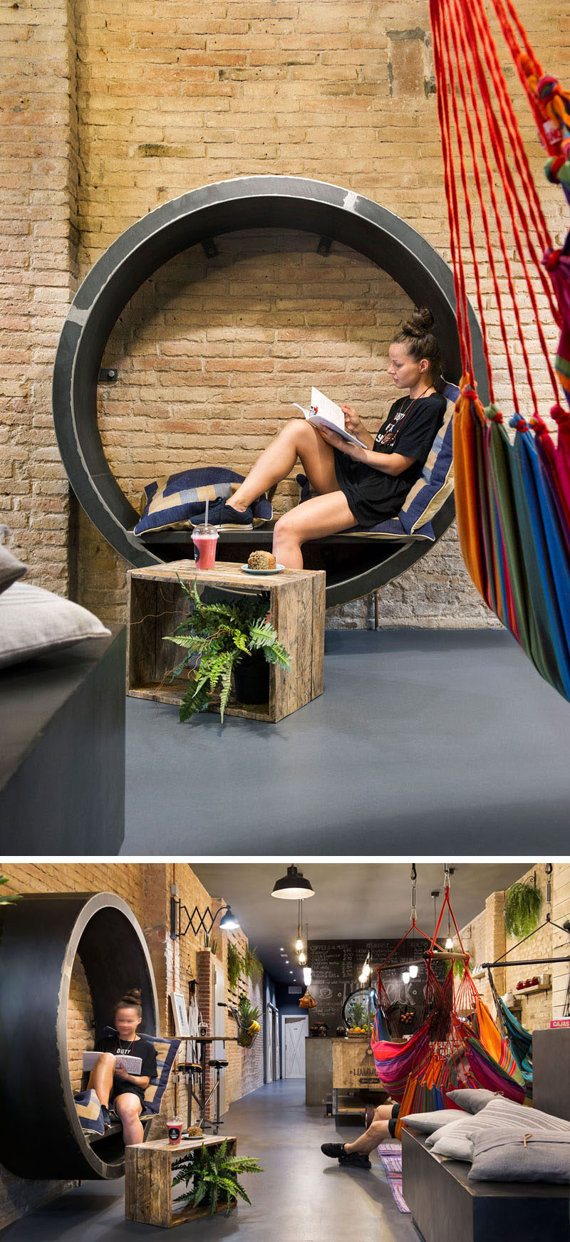 Этот круглый уголок для чтения с удобными подушками находится внутри фреш-бара в Барселоне.