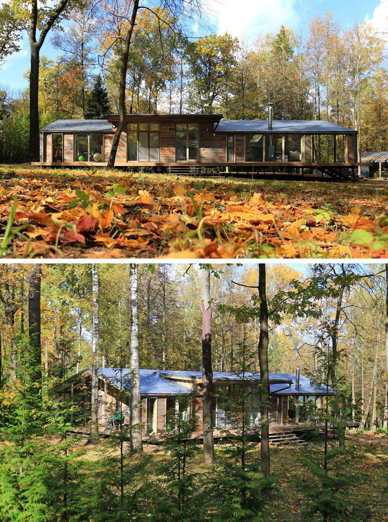 Этот деревенский современный дом в лесу имеет модульную конструкцию с металлическим каркасом в сочетании с сарайной доской и стеклом, чтобы создать вид, который гармонирует с окружающей средой 