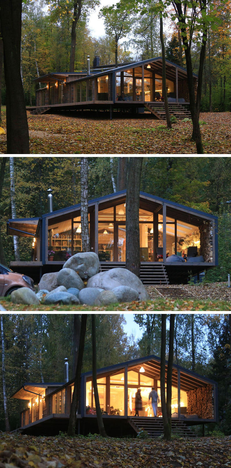 Этот деревенский современный дом в лесу имеет модульную конструкцию с металлическим каркасом в сочетании с сарайной доской и стеклом, чтобы создать вид, который гармонирует с окружающей средой 