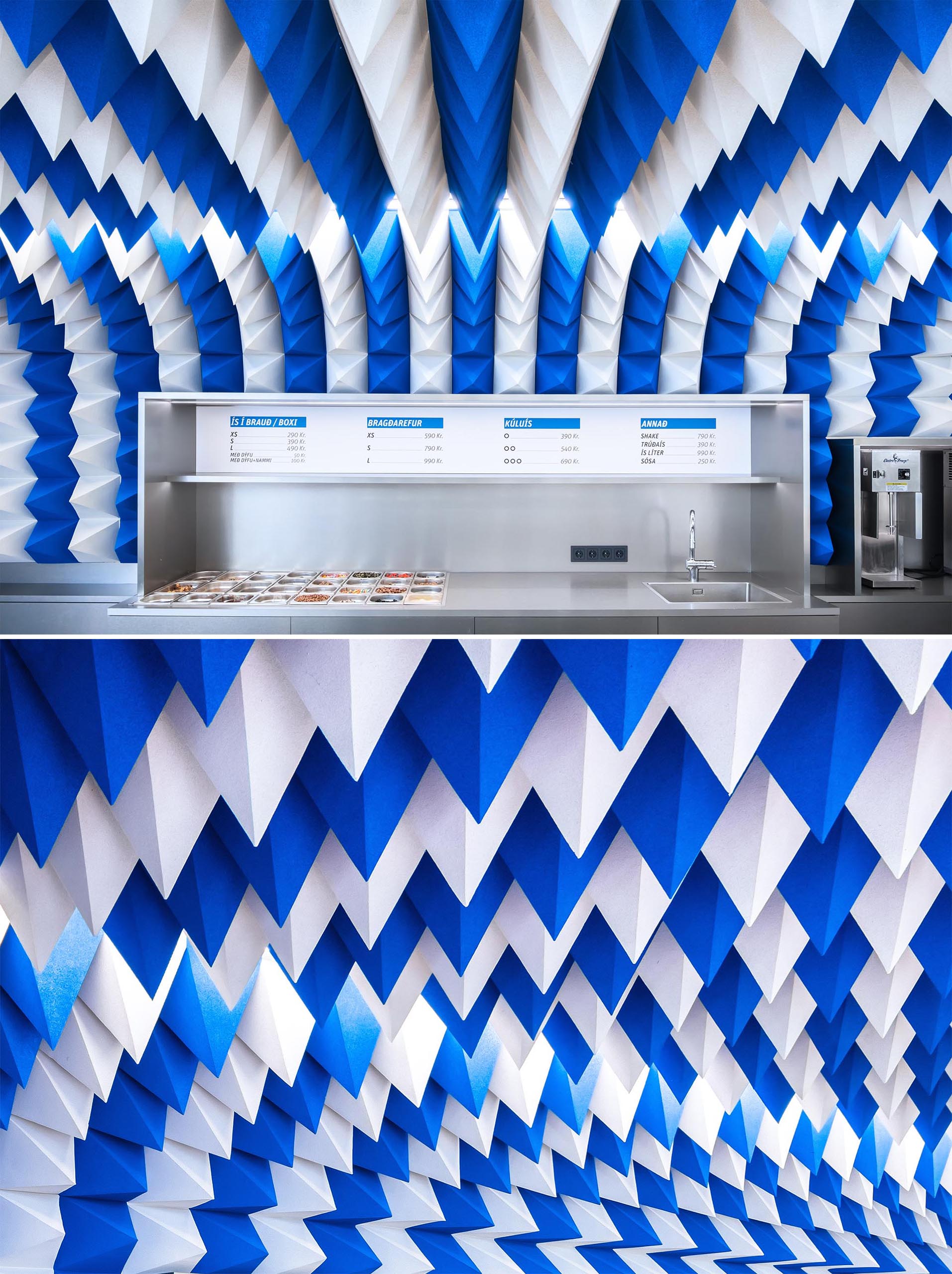 Современный магазин мороженого со скульптурной потолочной инсталляцией из бело-голубых пирамид из пенопласта.