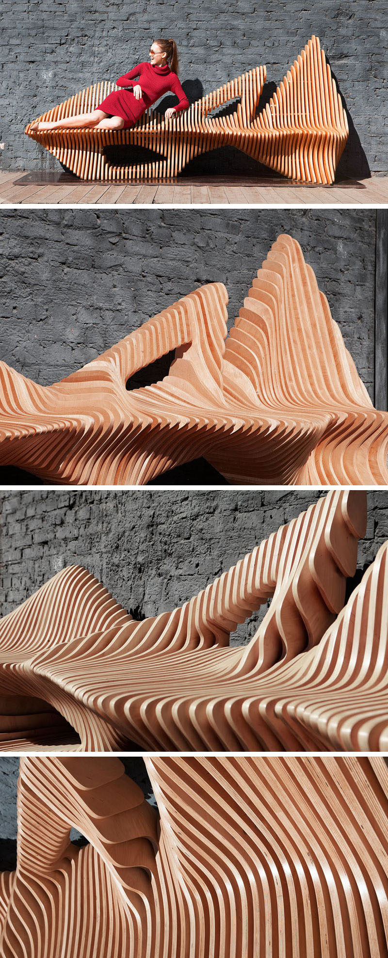 Олег Сороко спроектировал скульптурную деревянную скамейку органичной формы «Скамья« Сокол », вдохновленную одноименной птицей.