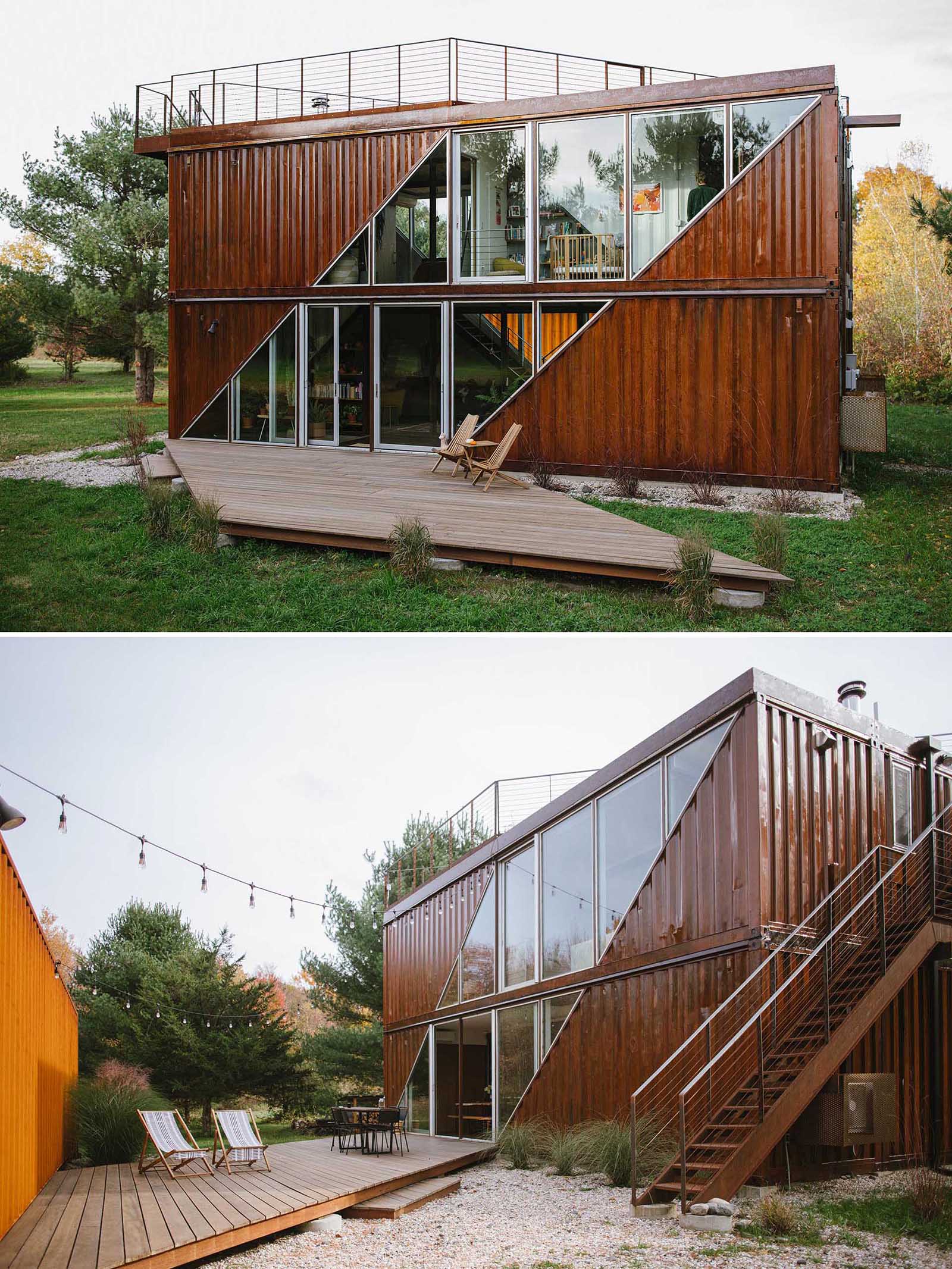 Современный двухуровневый контейнерный дом с открытыми террасами.