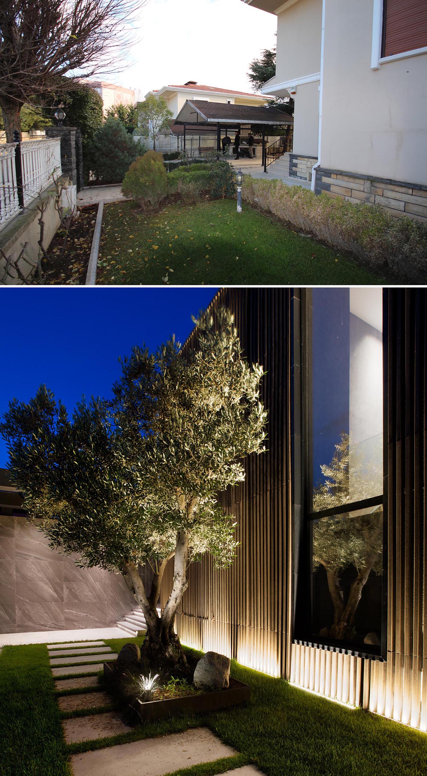 Ремонт двора: новая садовая дорожка, большое дерево и внешнее освещение.