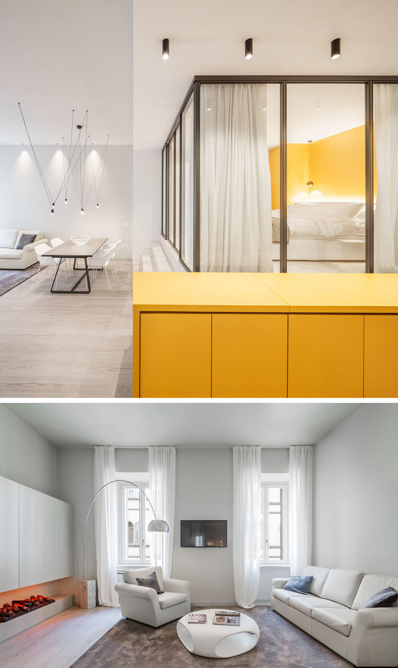 Идеи маленькой квартиры - в этой маленькой квартире есть скрытая кухня внутри желтого буфета, застекленная спальня и кладовая, спрятанная под лестницей.