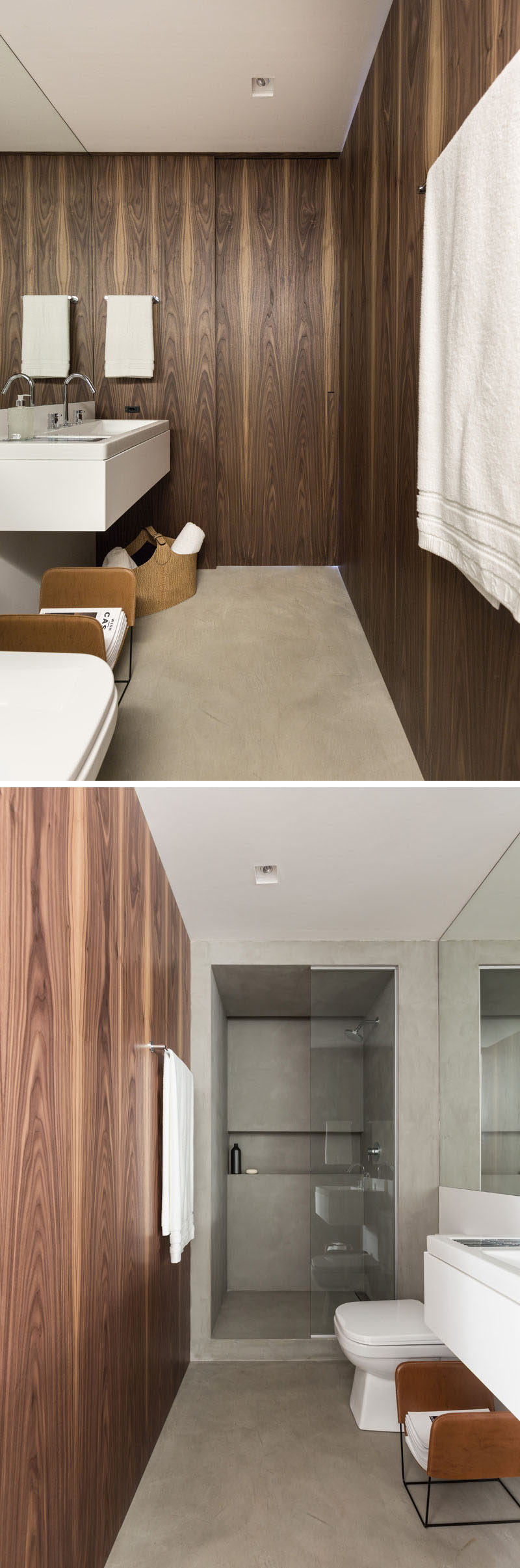 Стены этой ванной комнаты отделаны деревом, а дизайнеры использовали внутри деревянных панелей зеленый влагостойкий МДФ, обеспечивающий прочность и защиту от влаги.