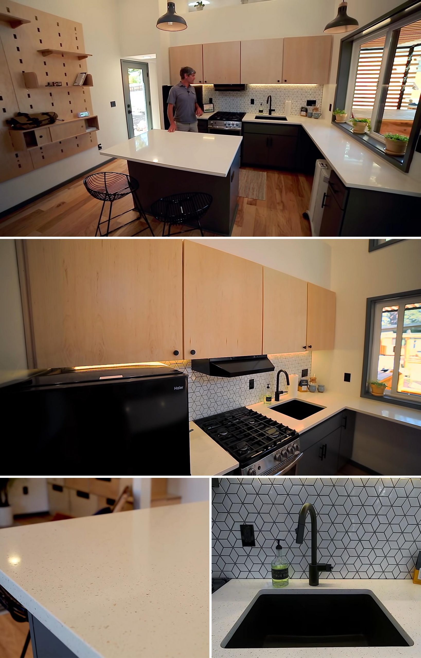 Крошечная домашняя кухня с кварцевыми столешницами, 24-дюймовой бытовой техникой, прилавком и большой черной раковиной.