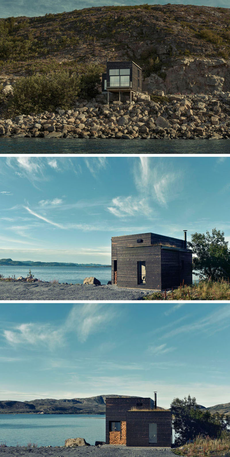 11 проектов небольших современных домов // Этот небольшой дом из темного дерева, спрятанный в скалах норвежского побережья, достаточно велик, чтобы создать уютное пространство для одного или двух человек. #SmallHouse #ModernHouse #ModernArchitecture #SmallHome