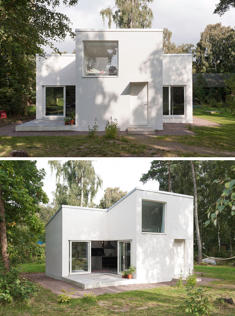 11 Дизайн небольших современных домов // Яркий белый цвет этого небольшого летнего домика выделяет его на фоне зелени окружающей местности и придает ему современный вид. #SmallHouse #ModernHouse #ModernArchitecture #SmallHome