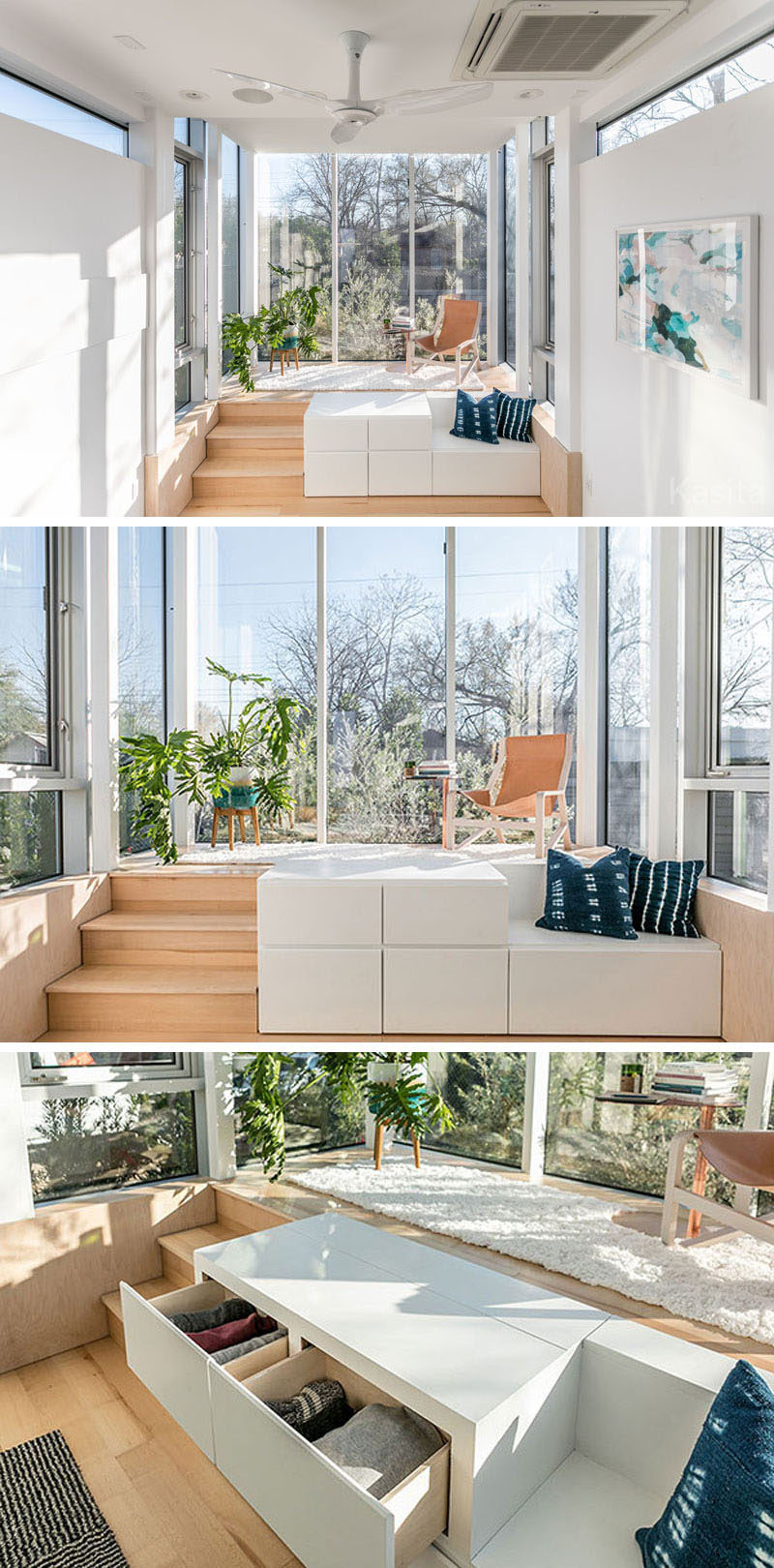 В этом современном крошечном доме есть приподнятая платформа, окруженная окнами от пола до потолка, позволяющими много света заполнять небольшое пространство. Телевизор с плоским экраном спрятан в белом отсеке для хранения с ящиками, рядом с которым также есть небольшая скамейка. #TinyHouse #TinyHome # Архитектура #SmallLiving # ModernTinyHouse #SmallHouse