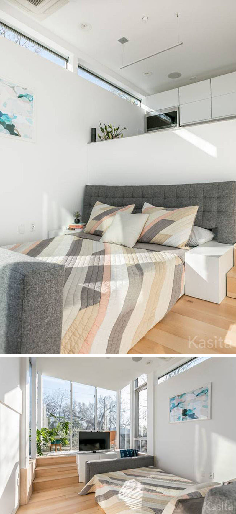 В этом современном крошечном доме диван в гостиной можно трансформировать в кровать размера «queen-size», просто раздвинув его. Частью каркаса дивана стали прикроватные тумбочки. #TinyHouse #TinyHome # Архитектура #SmallLiving # ModernTinyHouse #SmallHouse