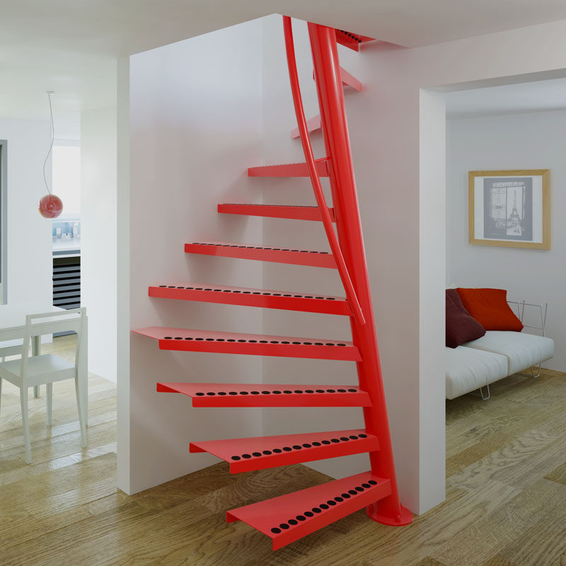 13 идей дизайна лестницы для небольших помещений // Эта винтовая лестница идеально вписывается в небольшой угол и ведет на второй этаж, практически не занимая места.