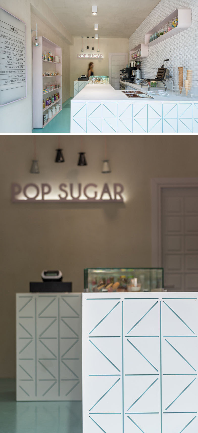 Архитектурная студия NORMLESS недавно завершила проект Pop Sugar, крошечной кондитерской в ​​приморской деревне Ставрос в Греции. #SweetStore #InteriorDesign #RetailDesign