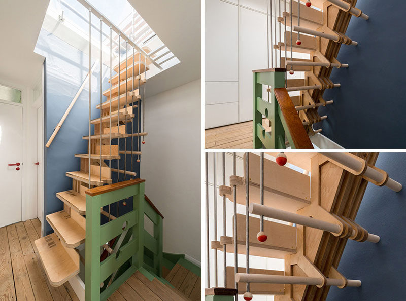 13 идей дизайна лестницы для небольших помещений // Эти высокие узкие лестницы сделаны из более чем 100 кусков березовой фанеры, березовых дюбелей и стальных стержней, которые сцепляются друг с другом, создавая визуально интригующую лестницу, которая со всех сторон приобретает новый вид.