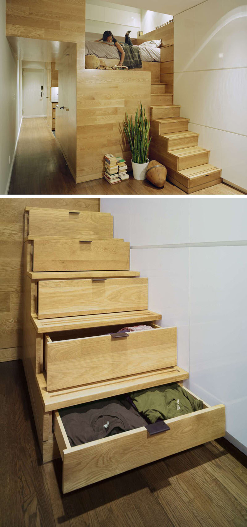 13 идей дизайна лестницы для небольших помещений // Лестница, ведущая к кровати-чердаку в этой квартире, также служит местом для хранения одежды, решая две проблемы с одной лестницей.