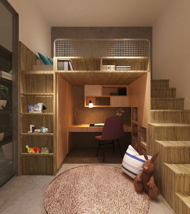 14 вдохновляющих идей для спальни для подростков // Эта кровать-чердак убирает стол глубже в комнату и обеспечивает дополнительное место для хранения книг и сувениров.