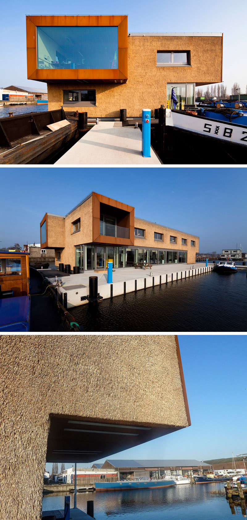 12 видов современных домов и зданий с соломенной крышей // Это плавающее офисное здание для очистителей каналов в Амстердаме покрыто сталью и соломенной крышей, защищающей его от непогоды 