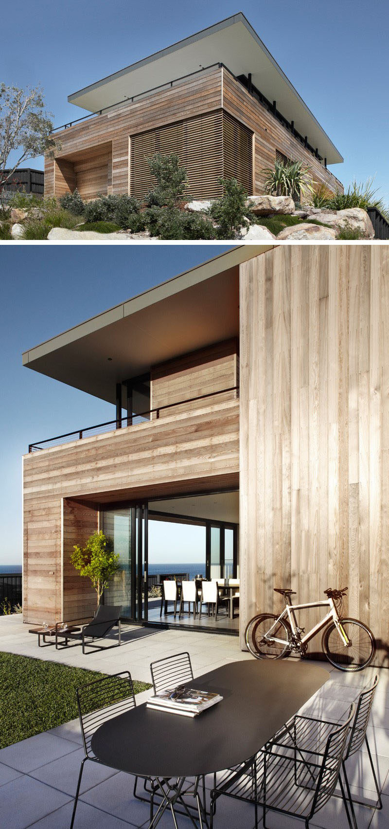 14 примеров современных пляжных домиков // Панели из светлого дерева покрывают фасад австралийского пляжного домика, который широко открывается, открывая невероятные виды на пляж.