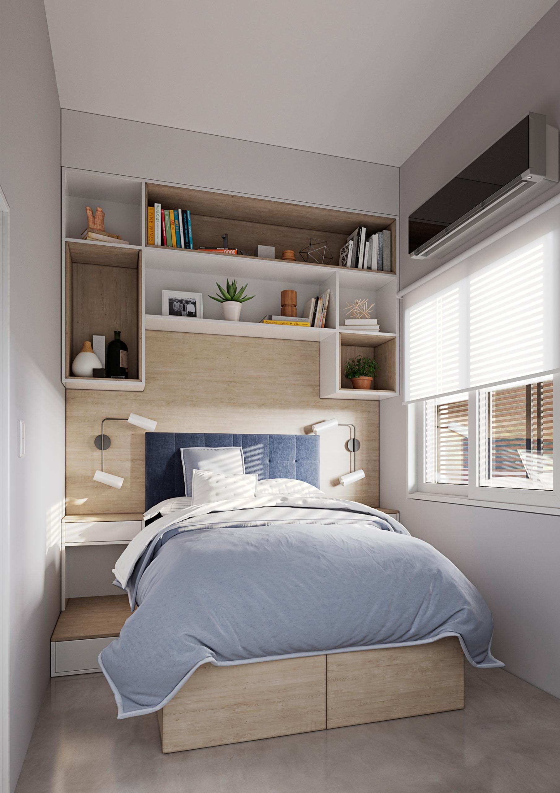Крошечная домашняя спальня с деревянными элементами, белыми шкафами и местом для хранения вещей под кроватью.