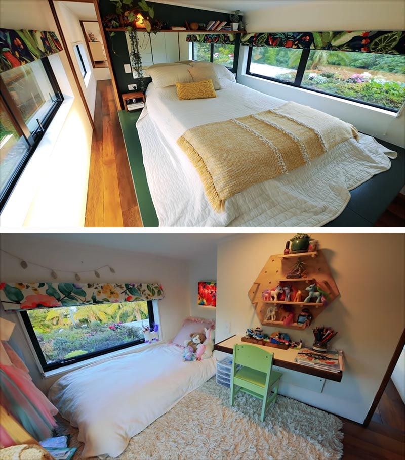 В этом крошечном доме есть две спальни с большим количеством места и окна, выходящие на зеленые крыши.
