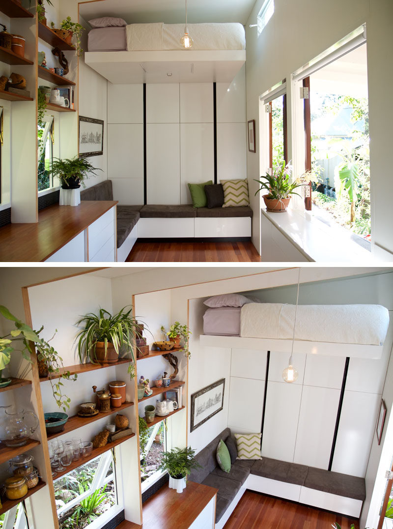 В этом крошечном домике, спроектированном по индивидуальному проекту, есть небольшая терраса, удобная гостиная, кухня с раскладным столом, выдвижная кровать и зона лофта для отдыха 
