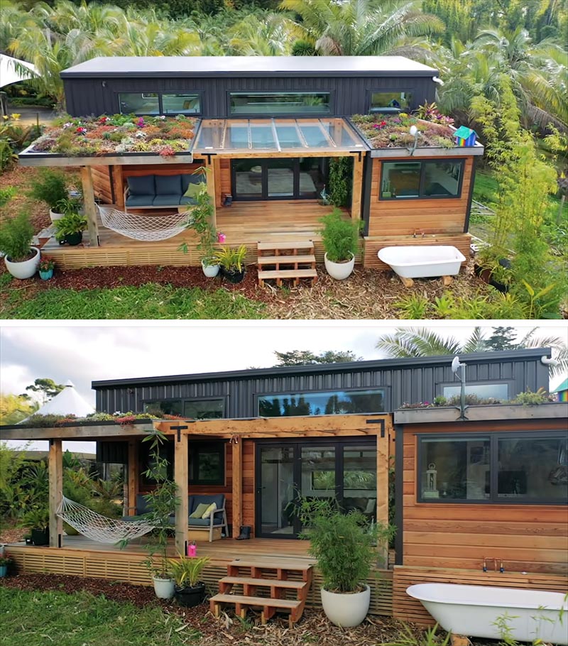 Современный крошечный дом с верандой и зелеными крышами, в отделке которого использован кедровый сайдинг и цветная сталь.