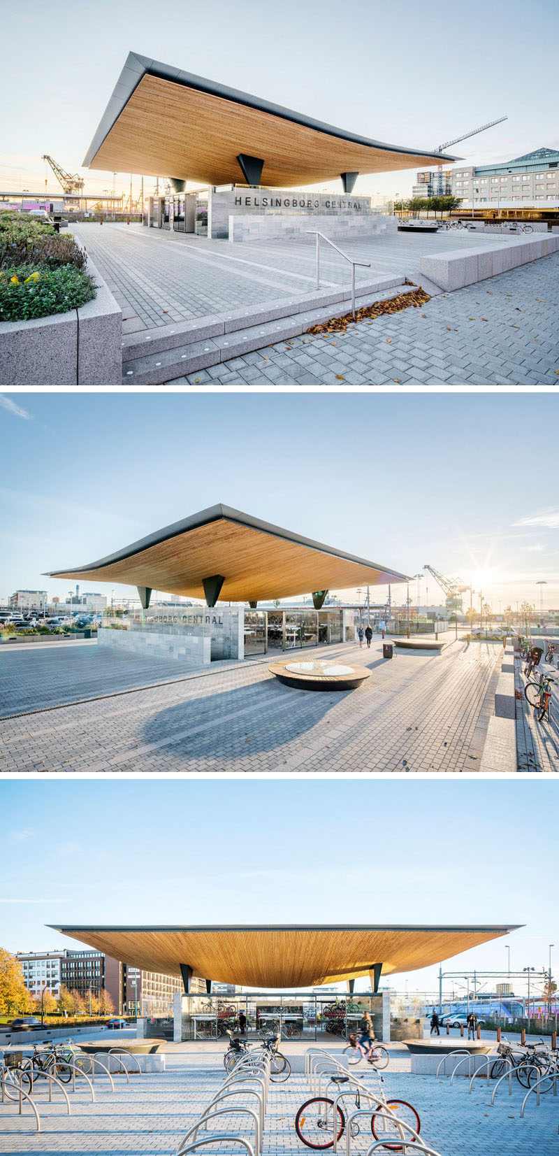 Этот шведский вокзал имеет скульптурную деревянную крышу, расположенную на двух облицованных шифером стеновых плитах, простые стеклянные панели используются в качестве защиты от непогоды 