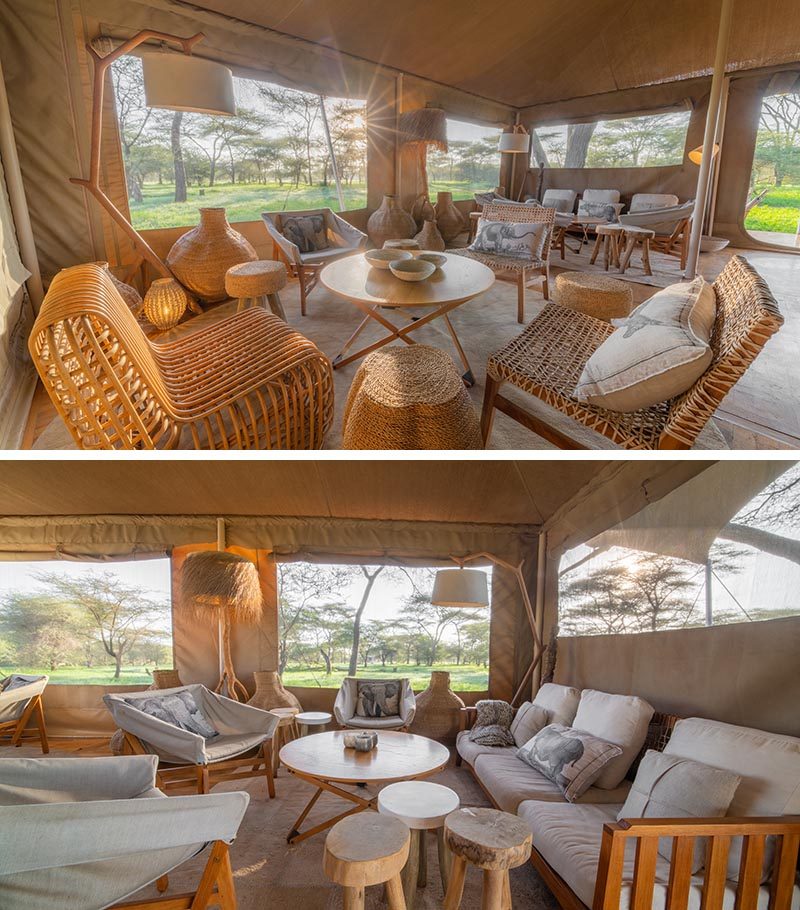 Внутри палатки-столовой в современном сафари-лагере мебель выдержана в землистой цветовой гамме с использованием дерева и светлых подушек. # Путешествие # Серенгети