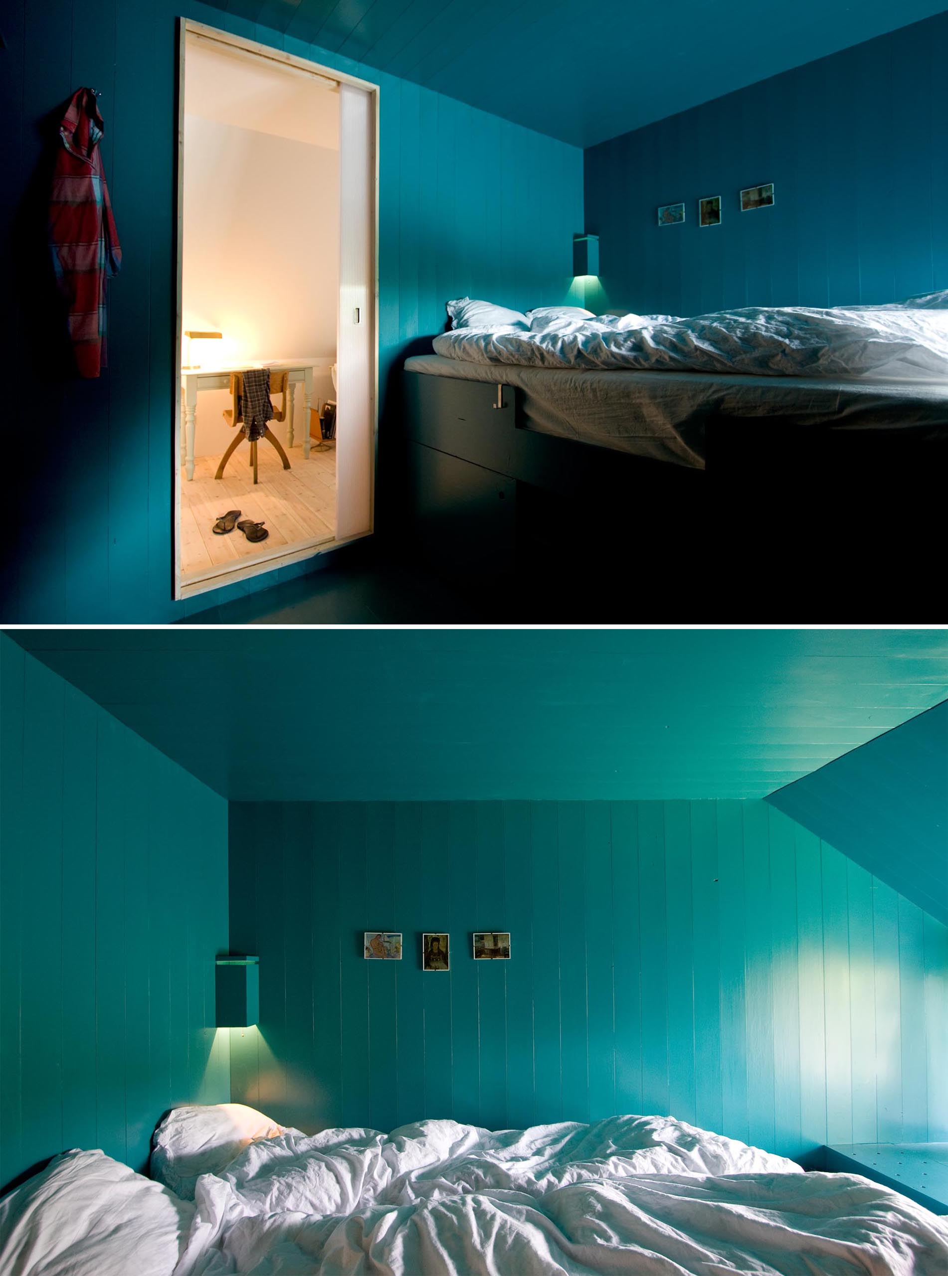 Современная бирюзово-синяя спальня с кроватью-чердаком с местом для хранения вещей под ней.