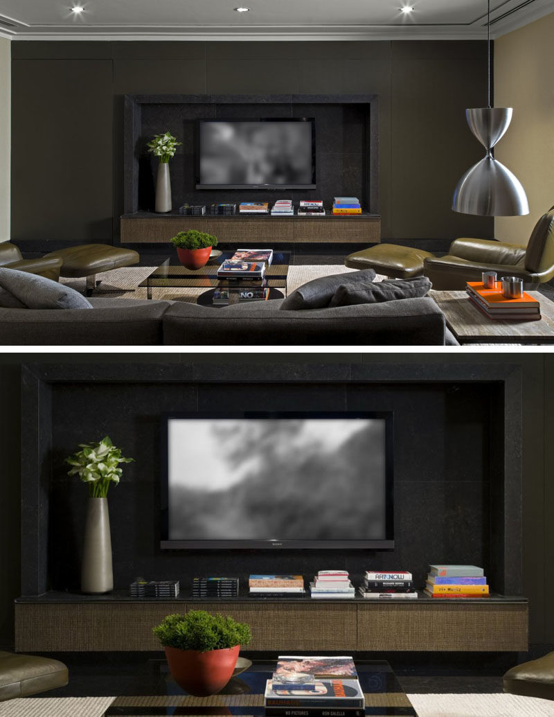 8 идей оформления телевизионных стенок для вашей гостиной // Эта развлекательная система установлена ​​глубоко в стене и окружена рамой и полкой, чтобы сделать ее основным элементом комнаты.