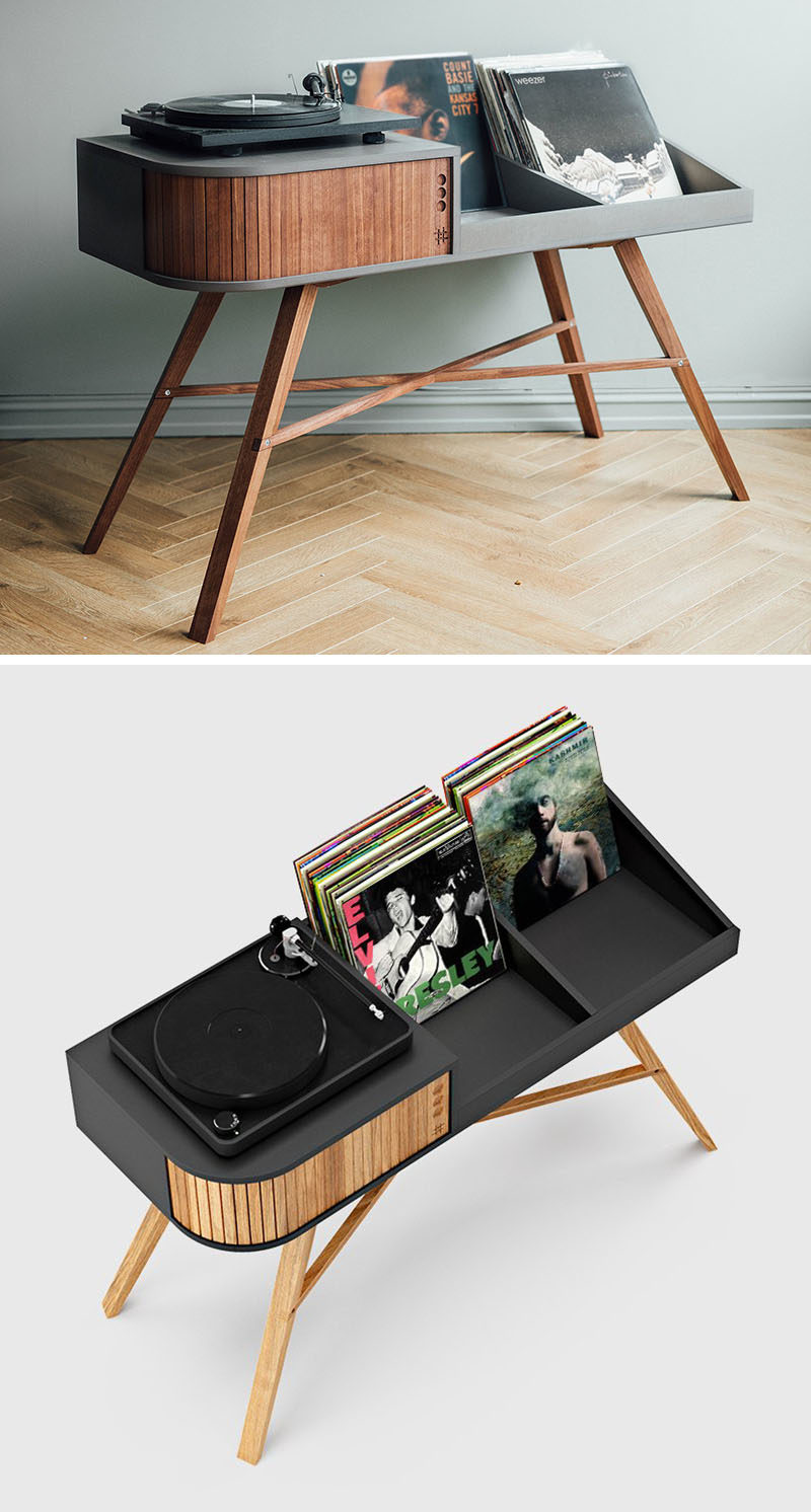 Идеи для хранения пластинок - Норвежский мебельный бренд HRDL разработал The Vinyl Table, современную консоль, которая демонстрирует проигрыватель и отображает вашу коллекцию пластинок. #RecordStorage #Records #Music #Turntable #RecordDisplay