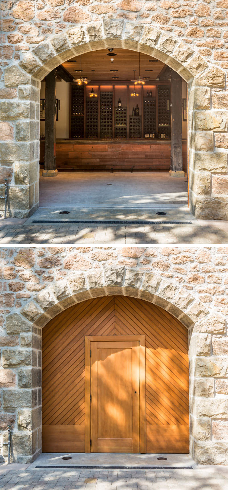 В этом баре на винограднике есть каменные арки и большие деревянные двери , которые выходят во внутренний двор. 