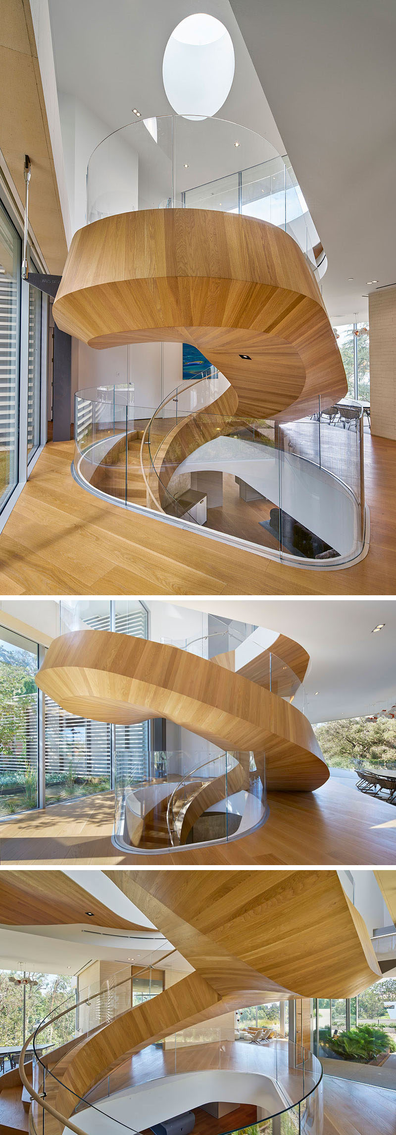 Эта большая винтовая лестница из дерева не только соединяет разные уровни дома, но также разделяет пространство и выступает в роли скульптурной инсталляции. # Спиральная лестница # Спиральная лестница # Современная спиральная лестница # Деревянная спиральная лестница