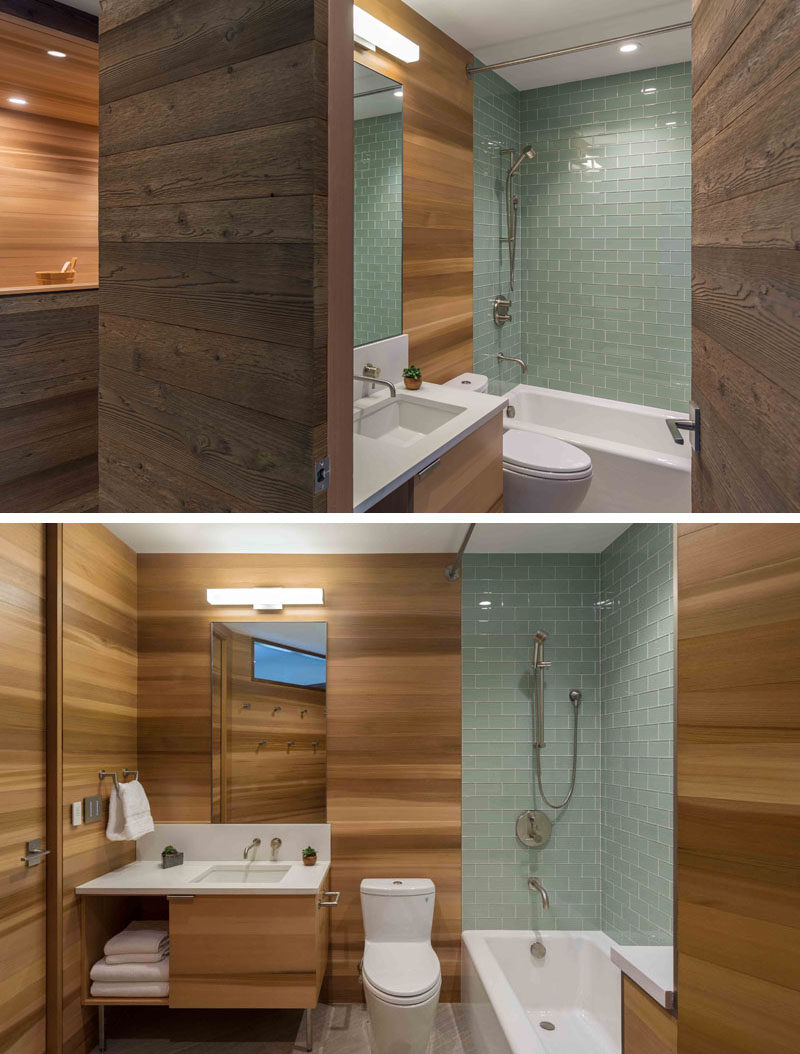 Стены этой современной ванной комнаты облицованы кедром и выложены светло-зеленой плиткой. # Современная ванная # Кедровые стены # КедрВанная # Голубая плитка
