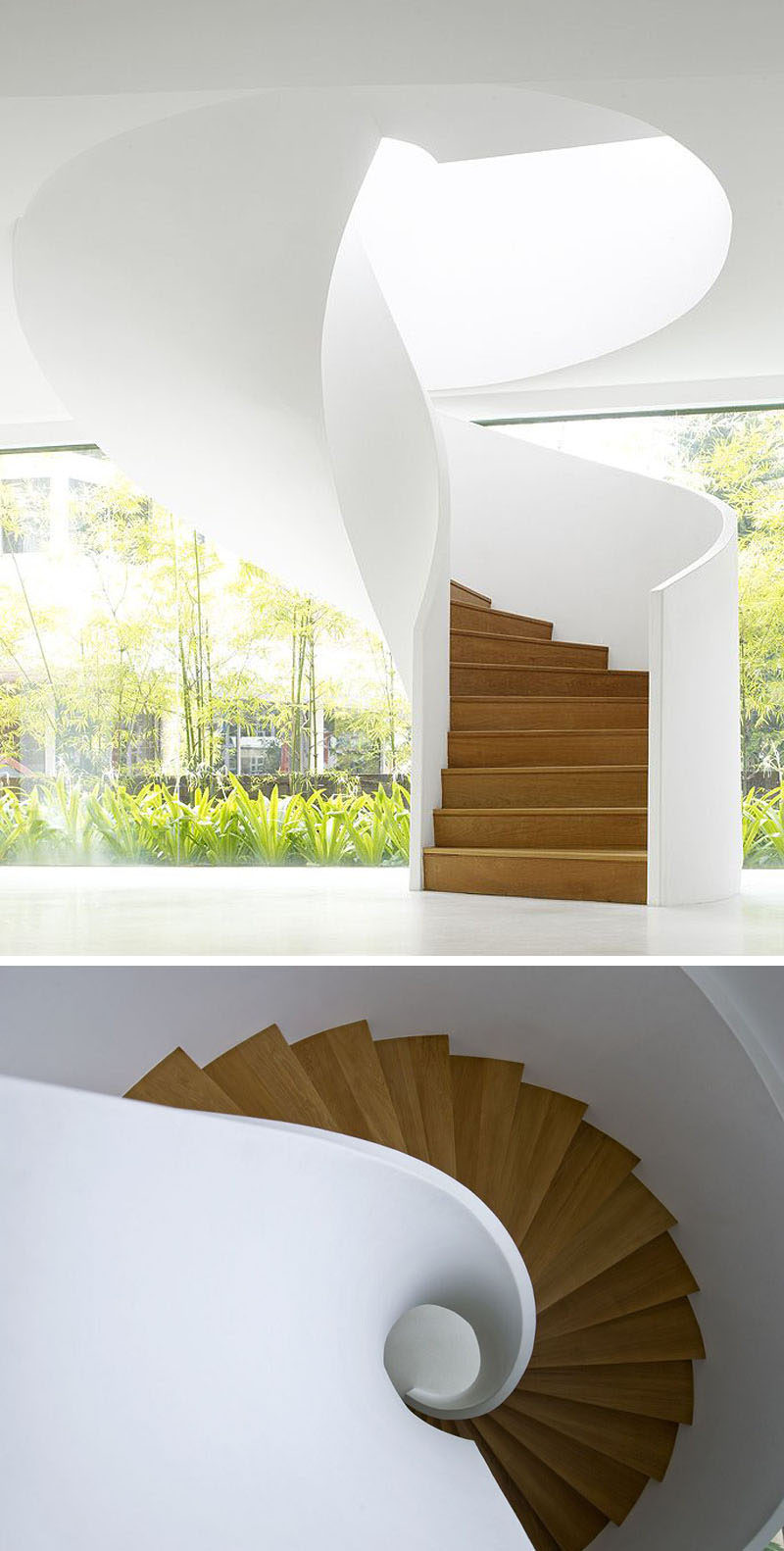 Гладкий внешний вид этой современной винтовой лестницы из белого и дерева создает впечатление, что она могла просто скрутиться с потолка. # Спиральная лестница # Спиральная лестница # Современная спиральная лестница