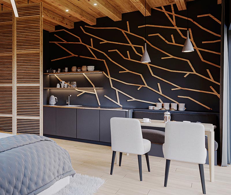 Эта современная деревянная акцентная стена в виде веток, сделанная из отдельных кусочков дерева, создает фокус в комнате и дополняет другие деревянные детали. #WoodAccentWall #BlackWall #BranchArt #AccentWallIdeas #HotelDesign