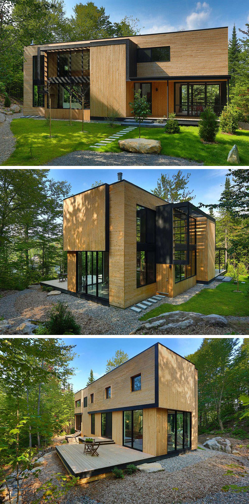 18 Современный дом в лесу // Светлое дерево покрывает фасад этого дома в окружении леса, помогая ему хорошо вписаться в остальную часть леса. #ModernHouse #ModernArchitecture #HouseInForest #HouseDesign