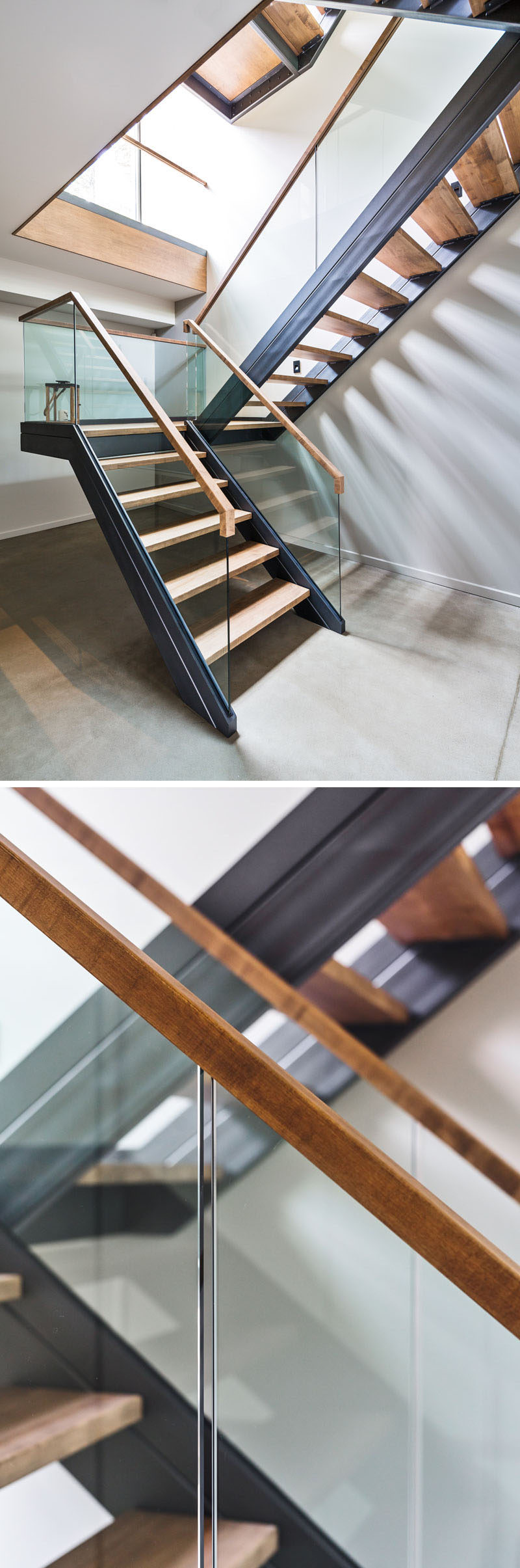 Эти лестницы в канадском доме используют дерево, сталь и стекло, чтобы создать современный вид.